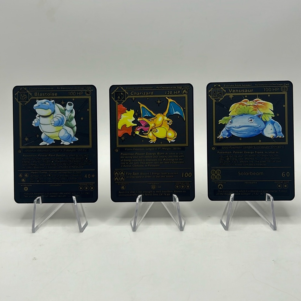 Pokemon CHARIZARD VENASAUR BLASTOISE black metal card custom cards